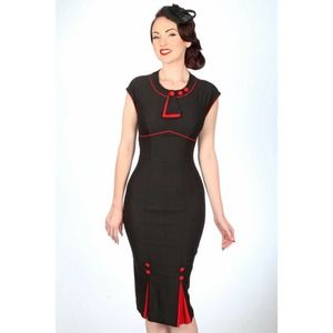 Stop Staring Sz Medium 30s Bombshells Wiggle Dress Black Red Retro Cap Sleeve